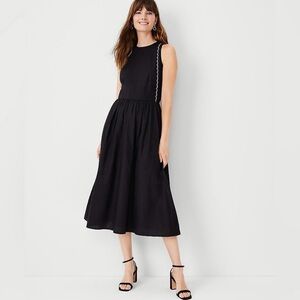 ANN TAYLOR, Scalloped Linen Blend Midi Dress, Black, Size 12 New With Tags
